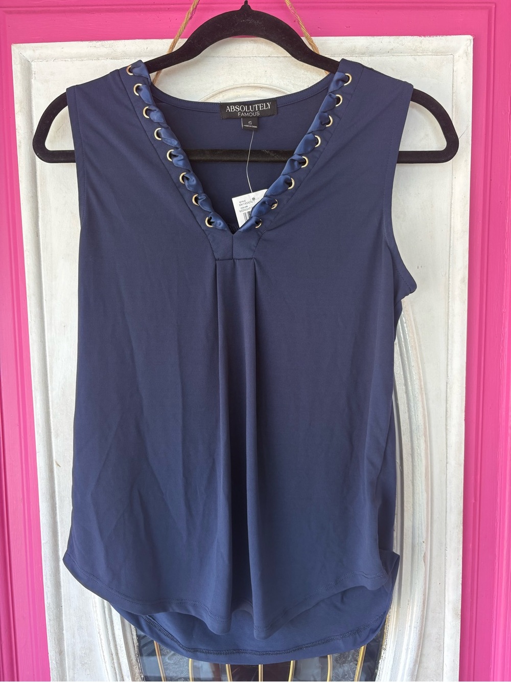 Absolutely Famous Navy Sleeveless V-Neck Top with Grommets